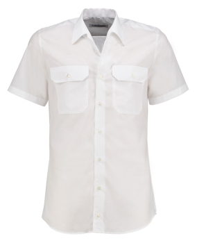 Zu sehen ist ein weißes geradlinig geschnittenes kurzarm Diensthemd aus 100% Baumwolle.
